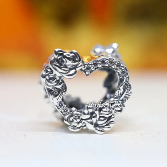 PANDORA Open Heart & Rose Flowers Charm 799281C01 - Picture 1 of 3